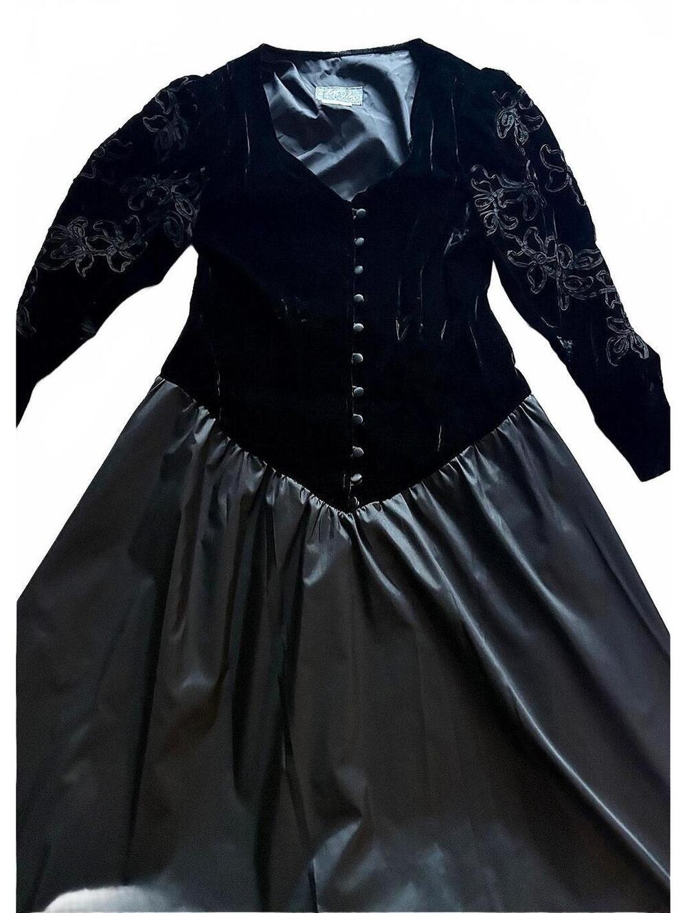 Vintage Edith Flagg Black Velvet and Satin Long Dress with Embroidered Sleeves